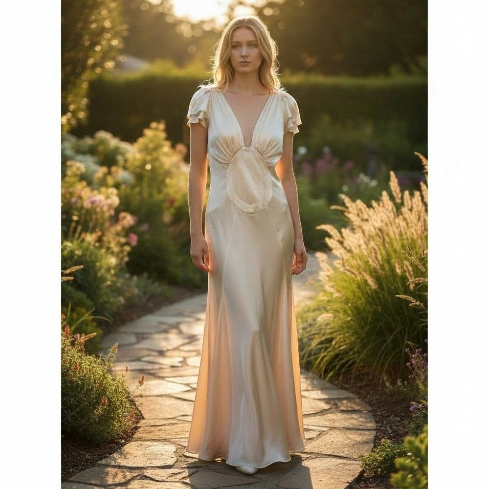 Dina Bar-El 100% Silk Bias Cut Wedding Dress Size S/M Cream Couture Y2K Formal